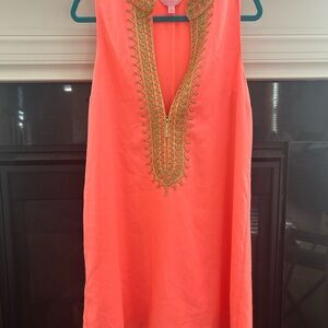 Lilly Pulitzer Coral Mini Dress with Gold Embroidery
